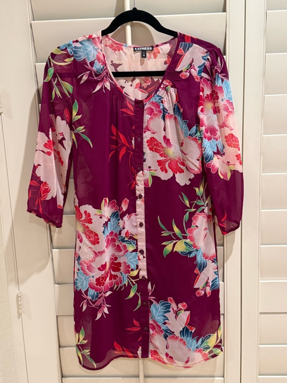 Express Floral Dress in Magenta with Multicolor Blooms Sheer Dress - Size XS